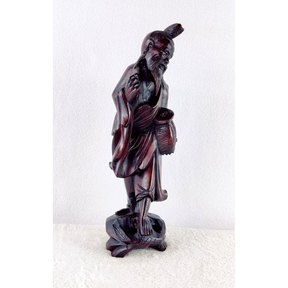 Antique Hand Carved Old Man Fisherman Chinese Figure Rosewood 12.5" Republic Era